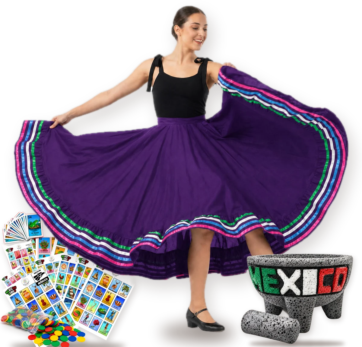 Purple folklórico skirt, Lotería set and MEXICO molcajete