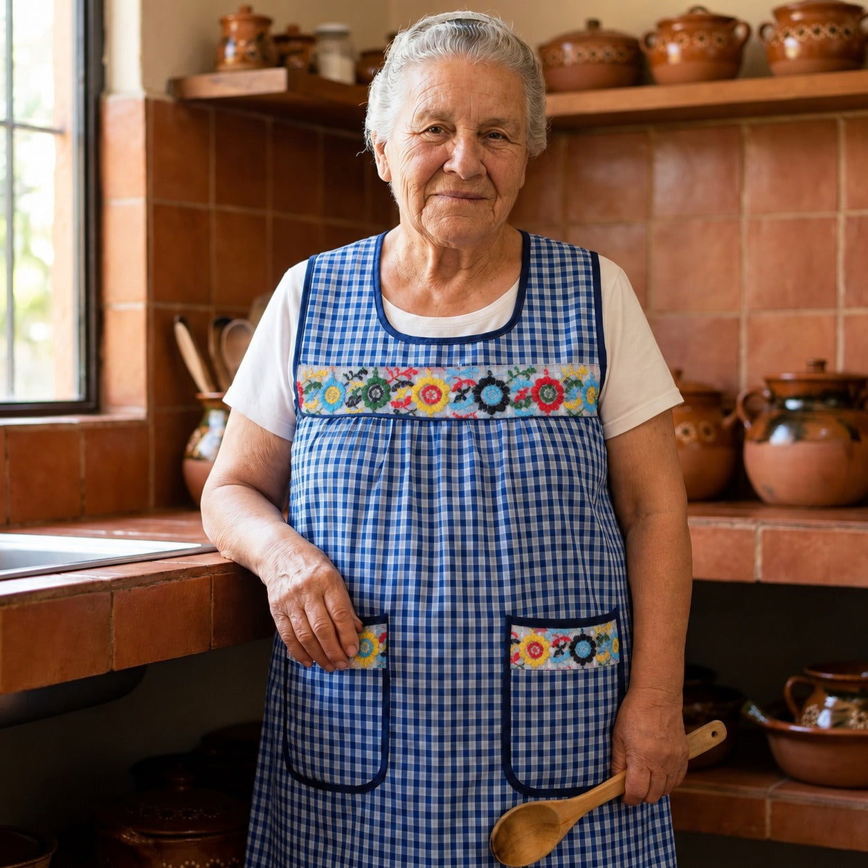 Woman wearing a blue embroidered Mexican apron in a traditional kitchen