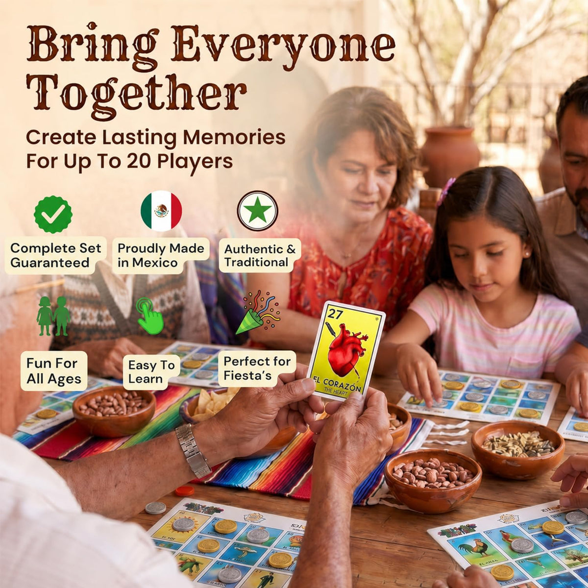 Family playing Mexican lotería with play pesos at a game night