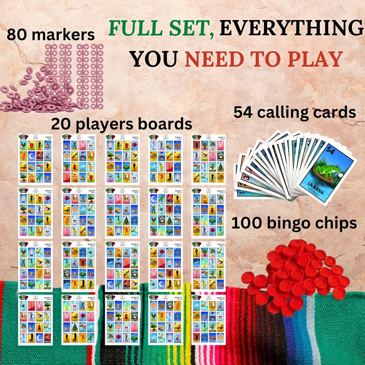 Complete Mexican lotería game with boards, deck of cards and chips
