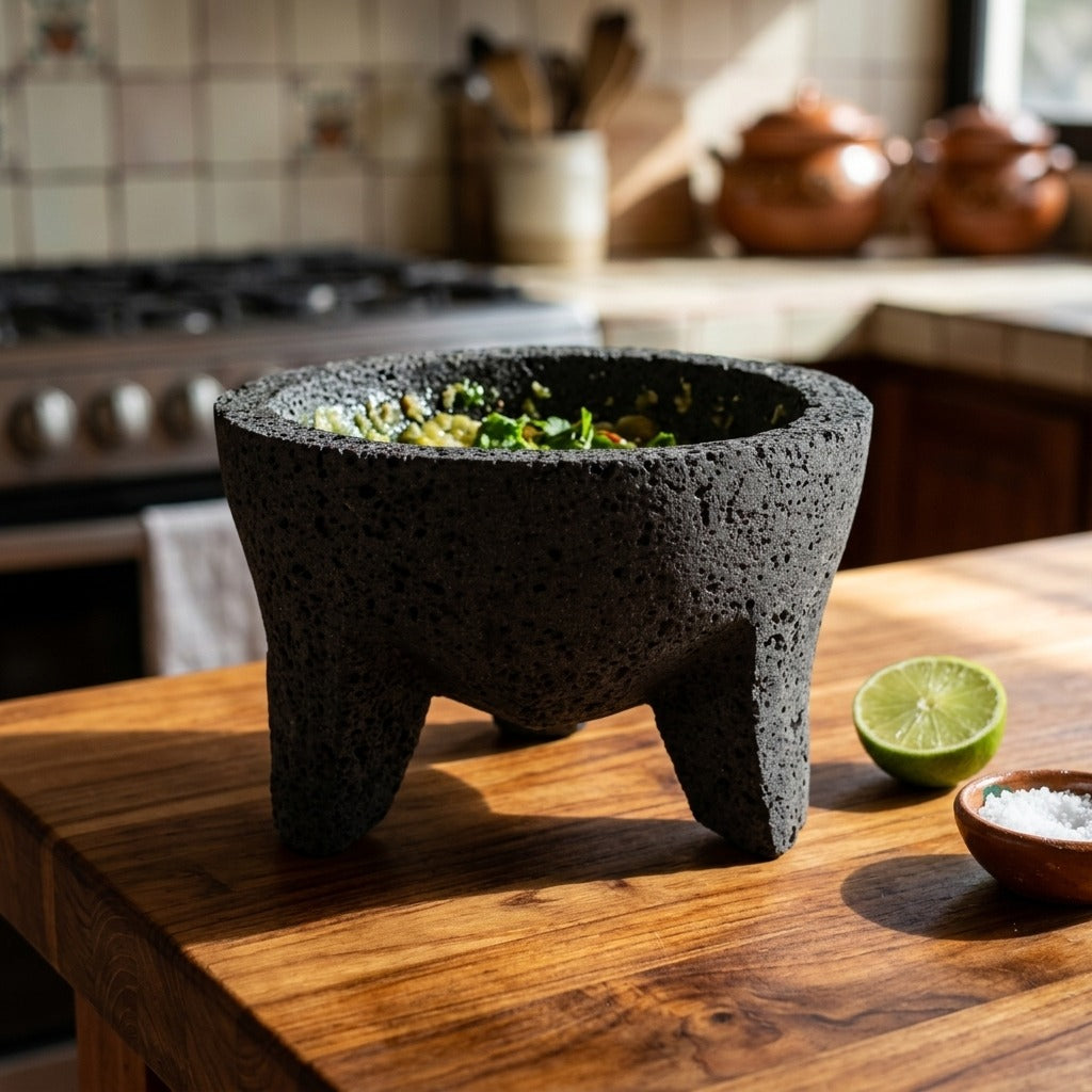 Lava rock molcajete filled with fresh guacamole, lime and salt
