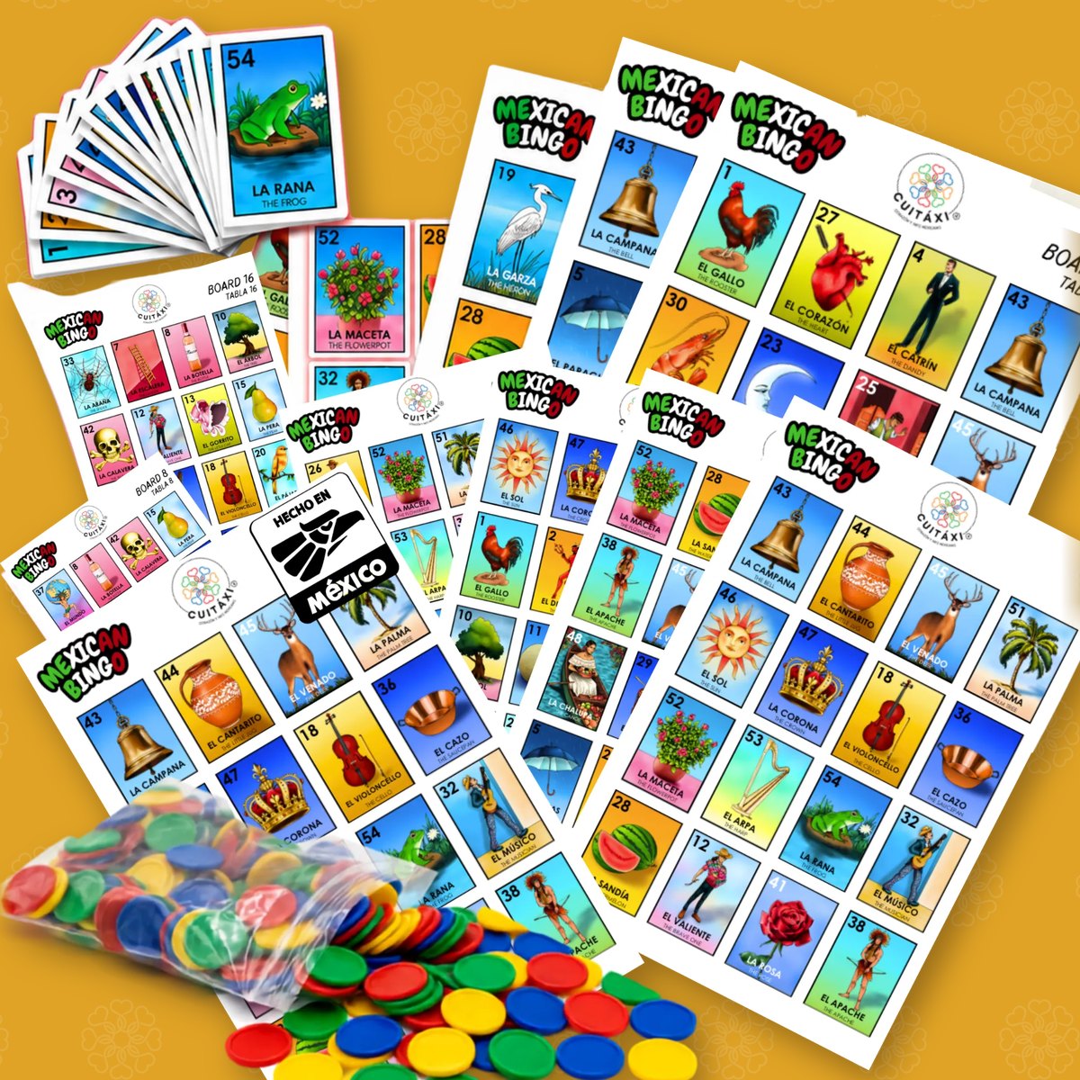 Cuitaxi Mexican Loteria set with boards, cards and colorful chips