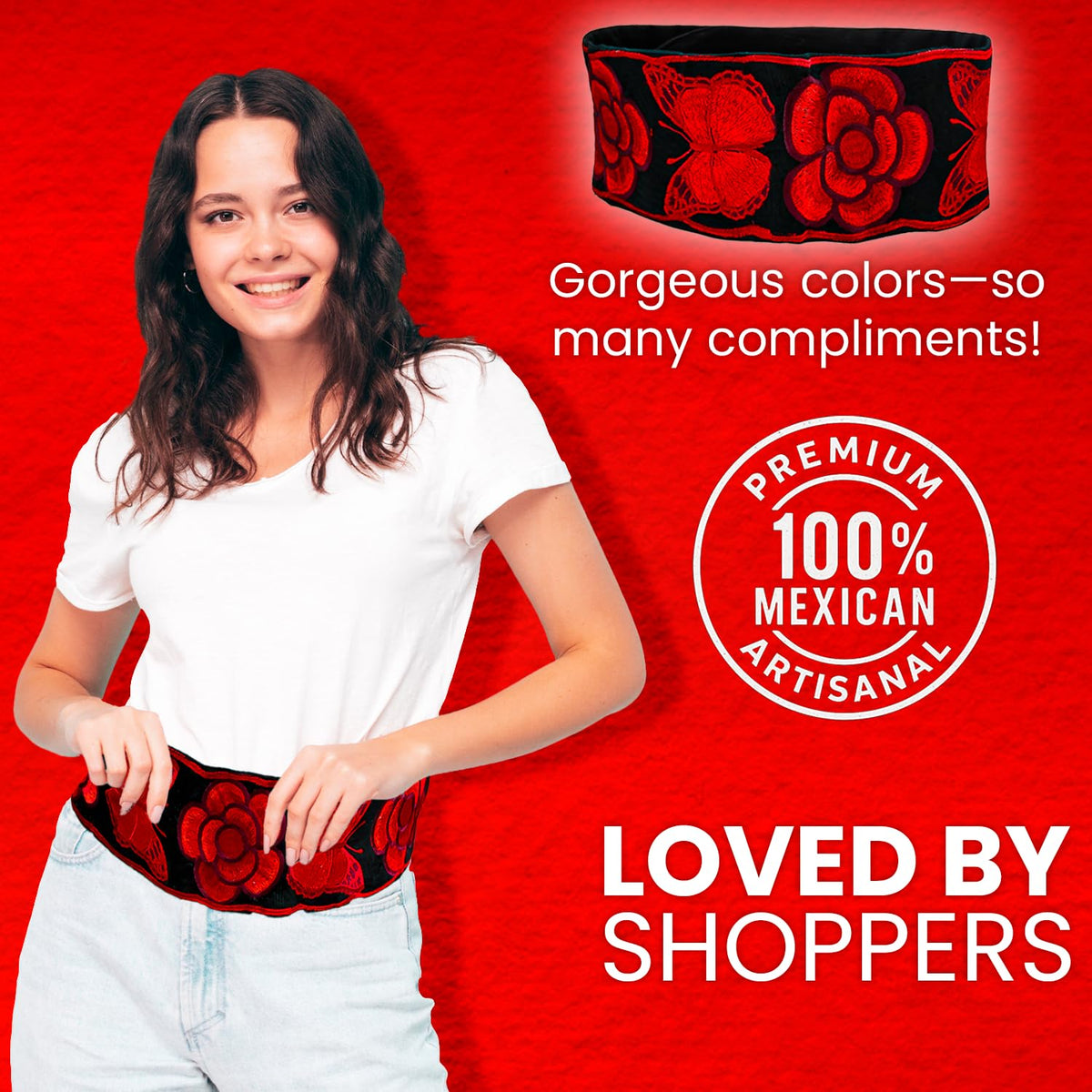 Red Floral Embroidered Mexican Belt