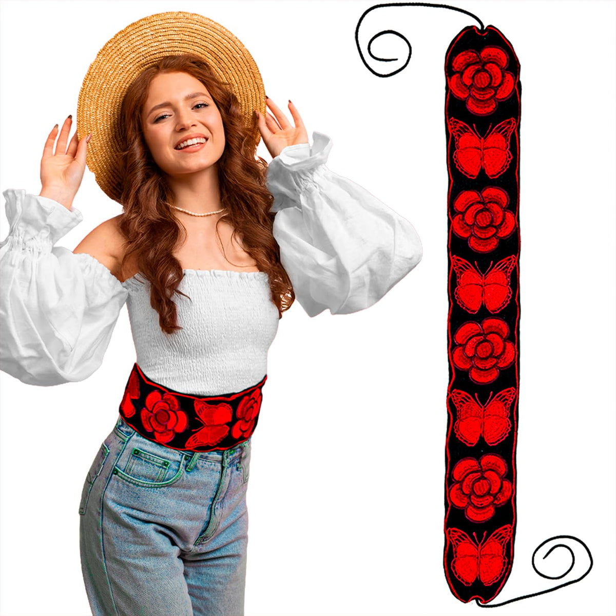 Red Floral Embroidered Mexican Belt