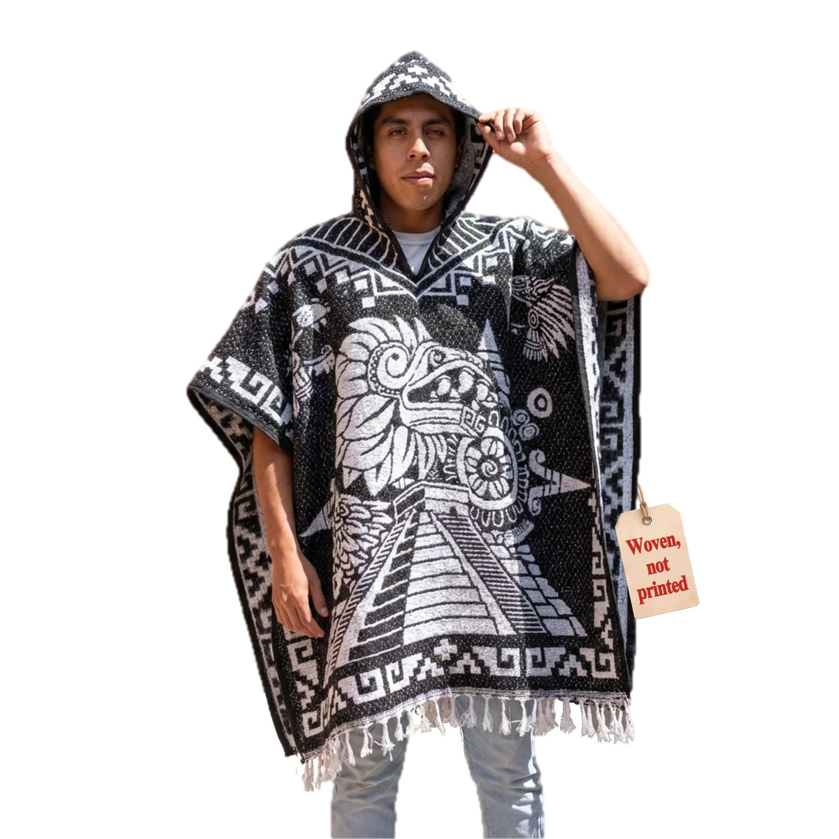 Model wearing the Aztec Calendar hooded Mexican poncho in black and white, front view on white