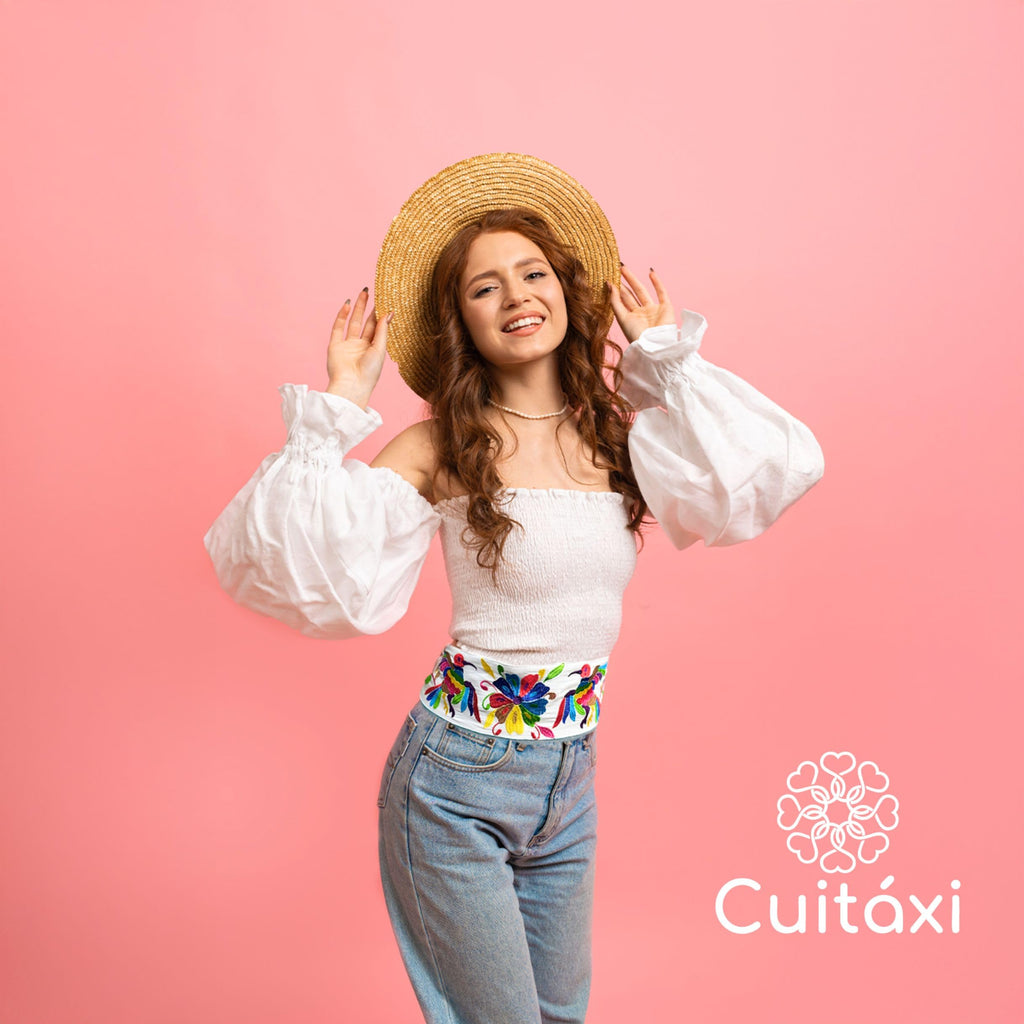 White Embroidered Mexican Belt