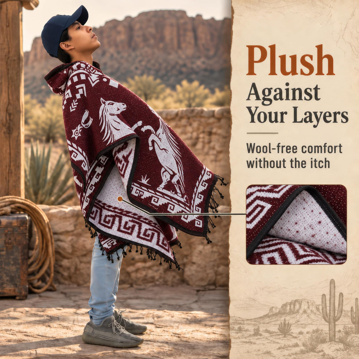 Plush wool free lining of the Red Horse poncho