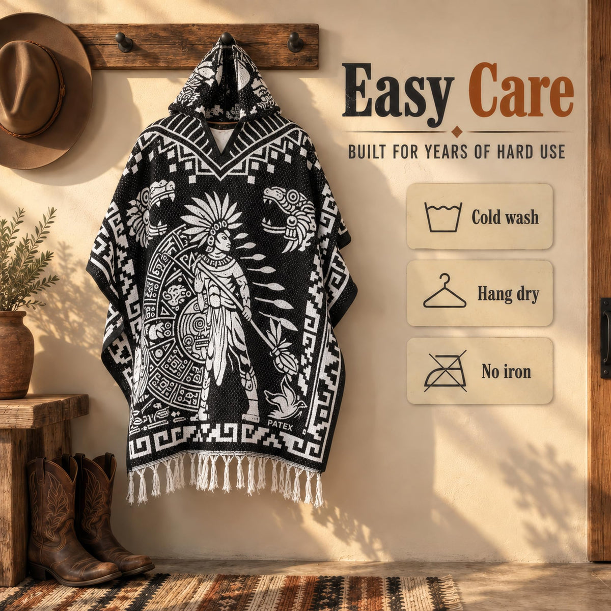 Aztec poncho easy care: cold wash, hang dry, no iron