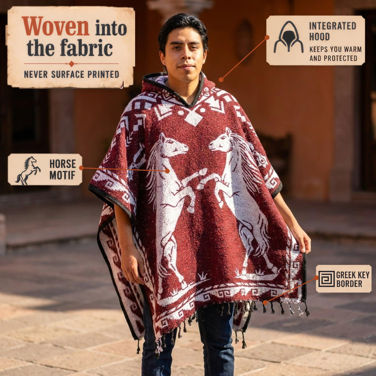 Red Horse poncho woven into the fabric, never surface printed