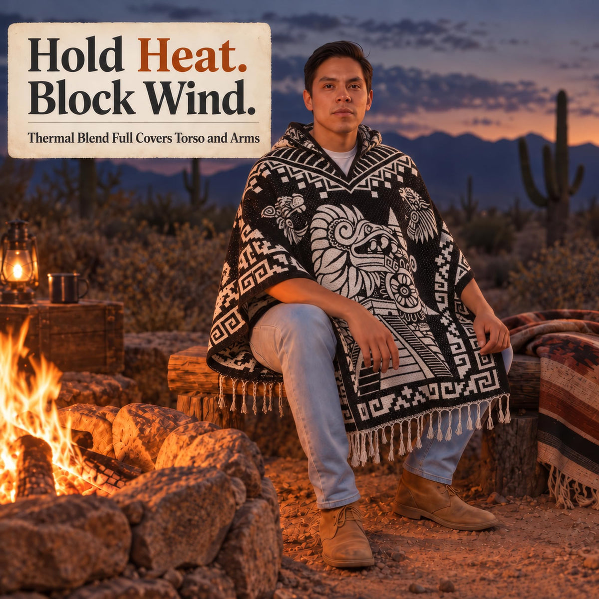 Aztec poncho holds heat and blocks wind by a desert fire
