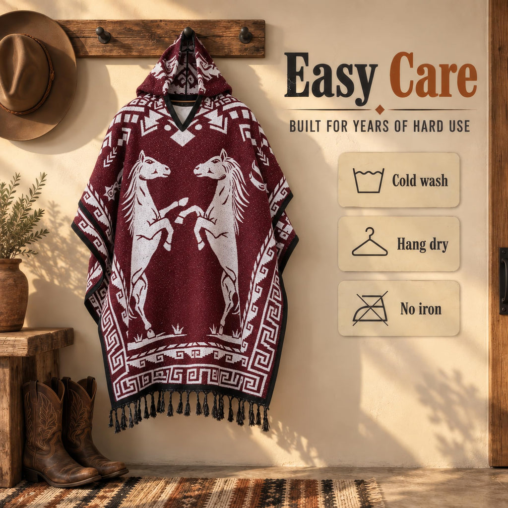 Red Horse poncho easy care: cold wash, hang dry, no iron