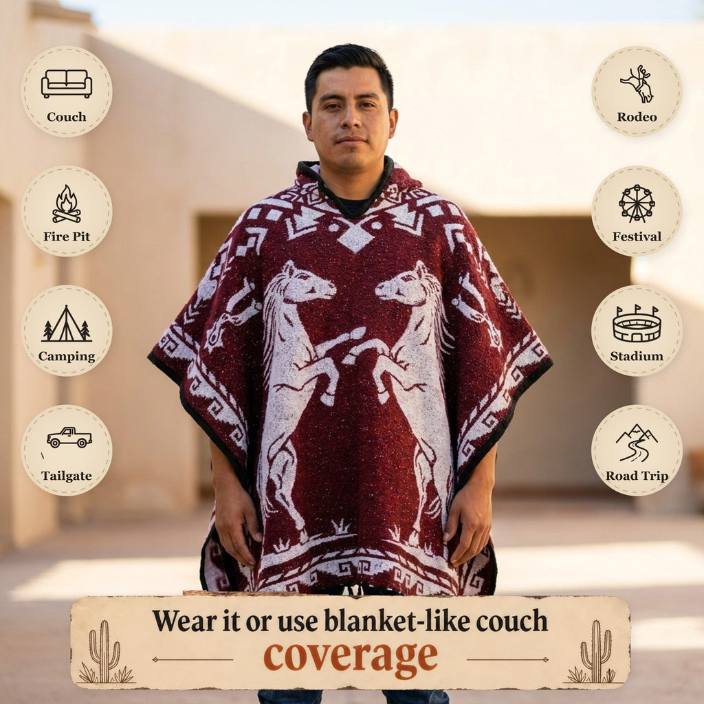 Red Horse poncho uses: camping, fire pit, rodeo, festival, road trip