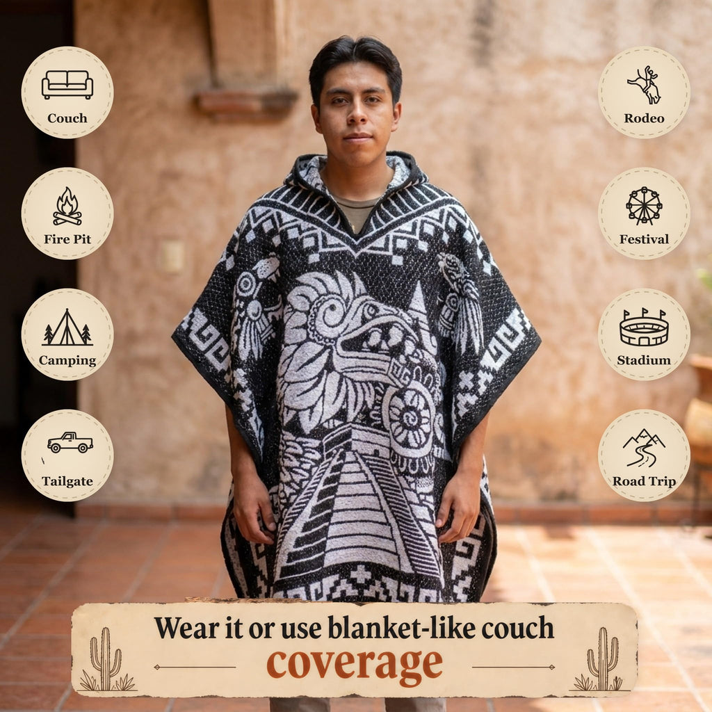 Aztec poncho uses: camping, fire pit, rodeo, festival, road trip