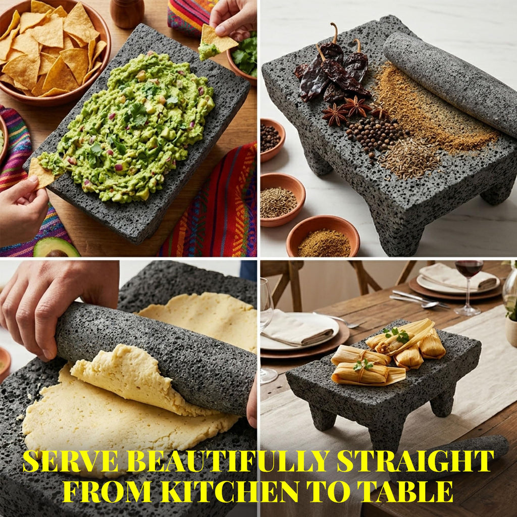 Metate used for guacamole, spices, masa and serving