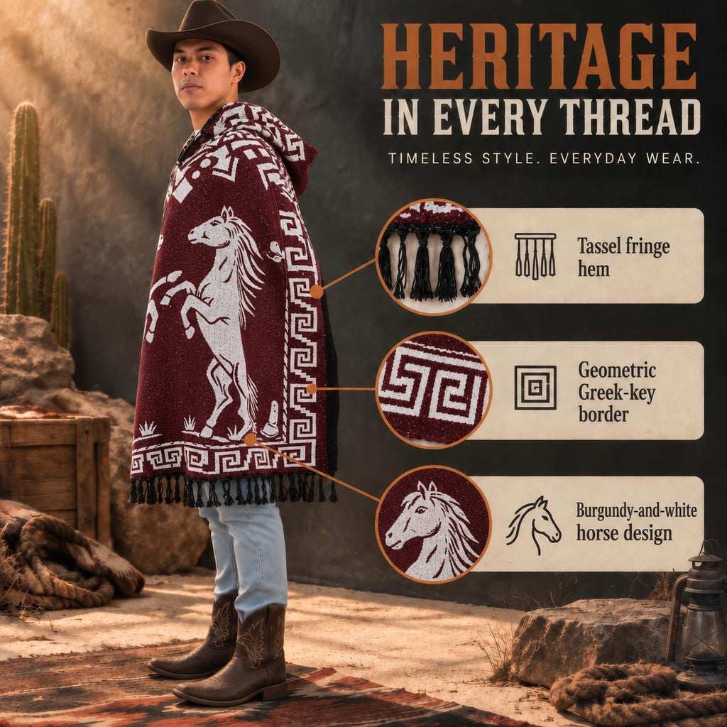 Red Horse poncho details: tassel fringe and Greek key border