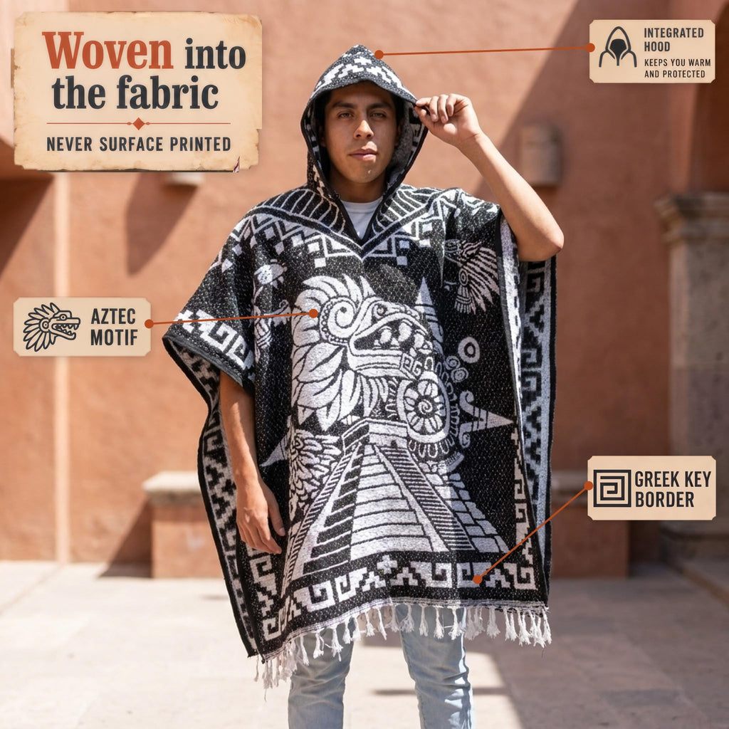 Aztec poncho woven into the fabric, never surface printed