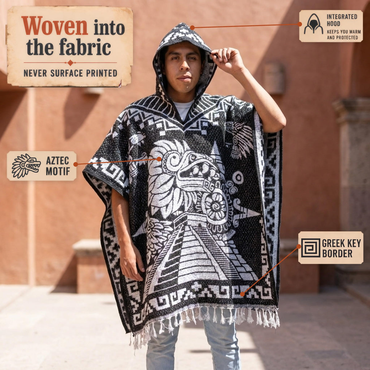 Aztec poncho woven into the fabric, never surface printed