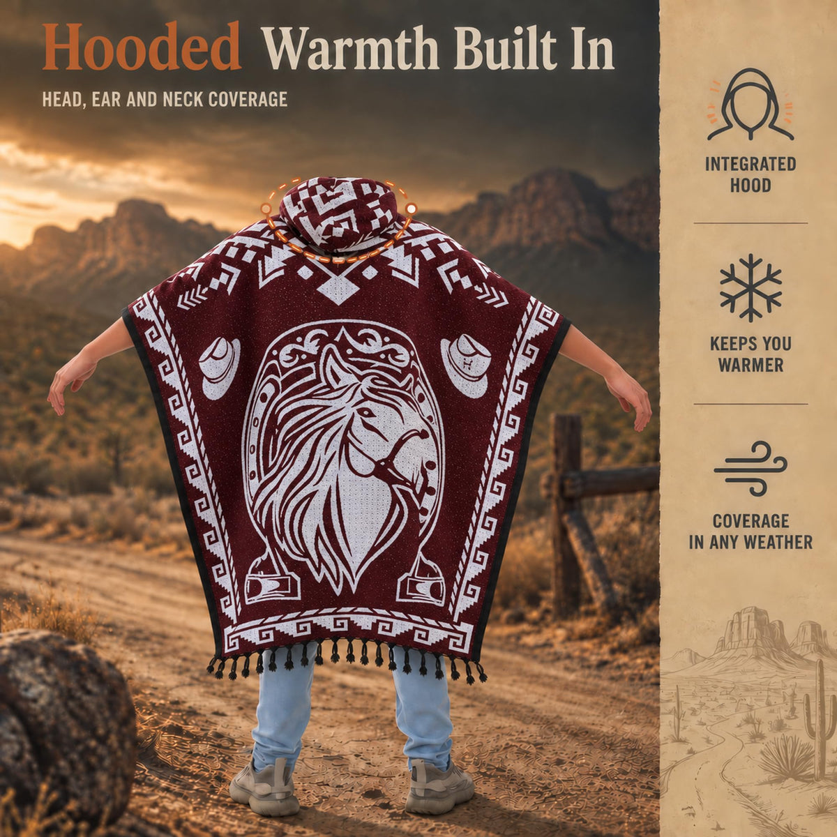 Back of the hooded Red Horse poncho with built in hood warmth