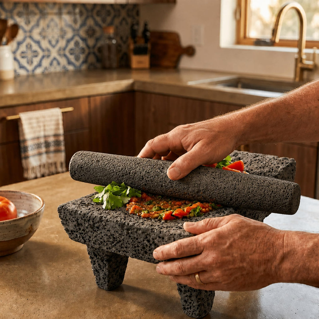Hands grinding salsa on the volcanic stone metate in a kitchen