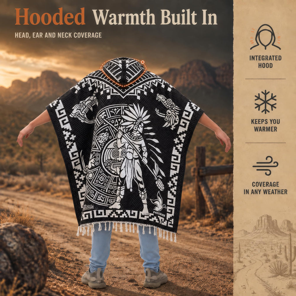 Back of the hooded Aztec poncho with built in hood warmth
