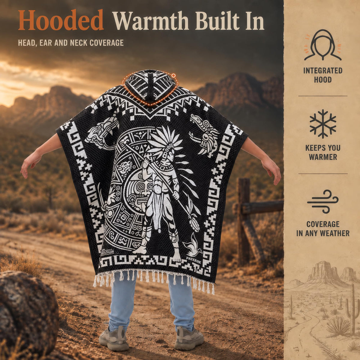 Back of the hooded Aztec poncho with built in hood warmth