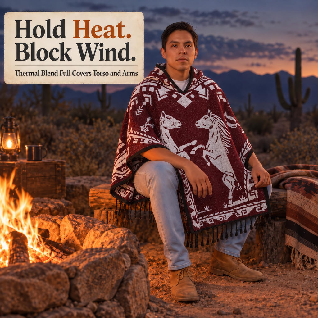 Red Horse poncho holds heat and blocks wind by a desert fire