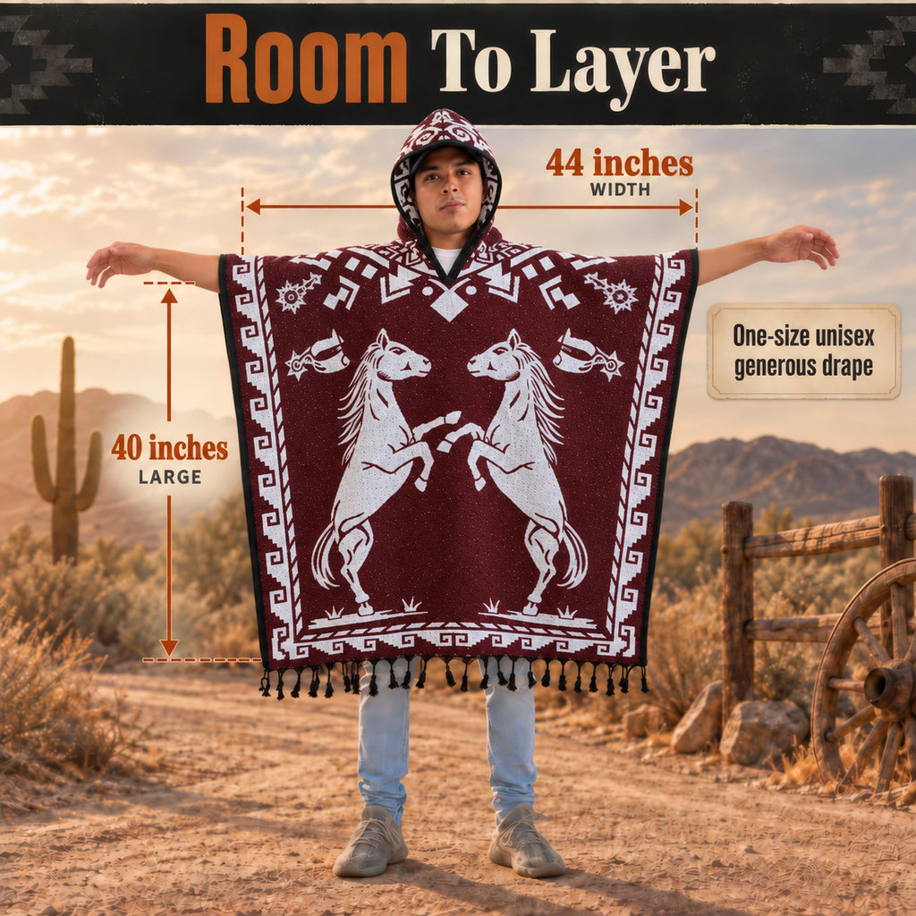 Red Horse poncho size, about 44 inches wide and 40 inches long