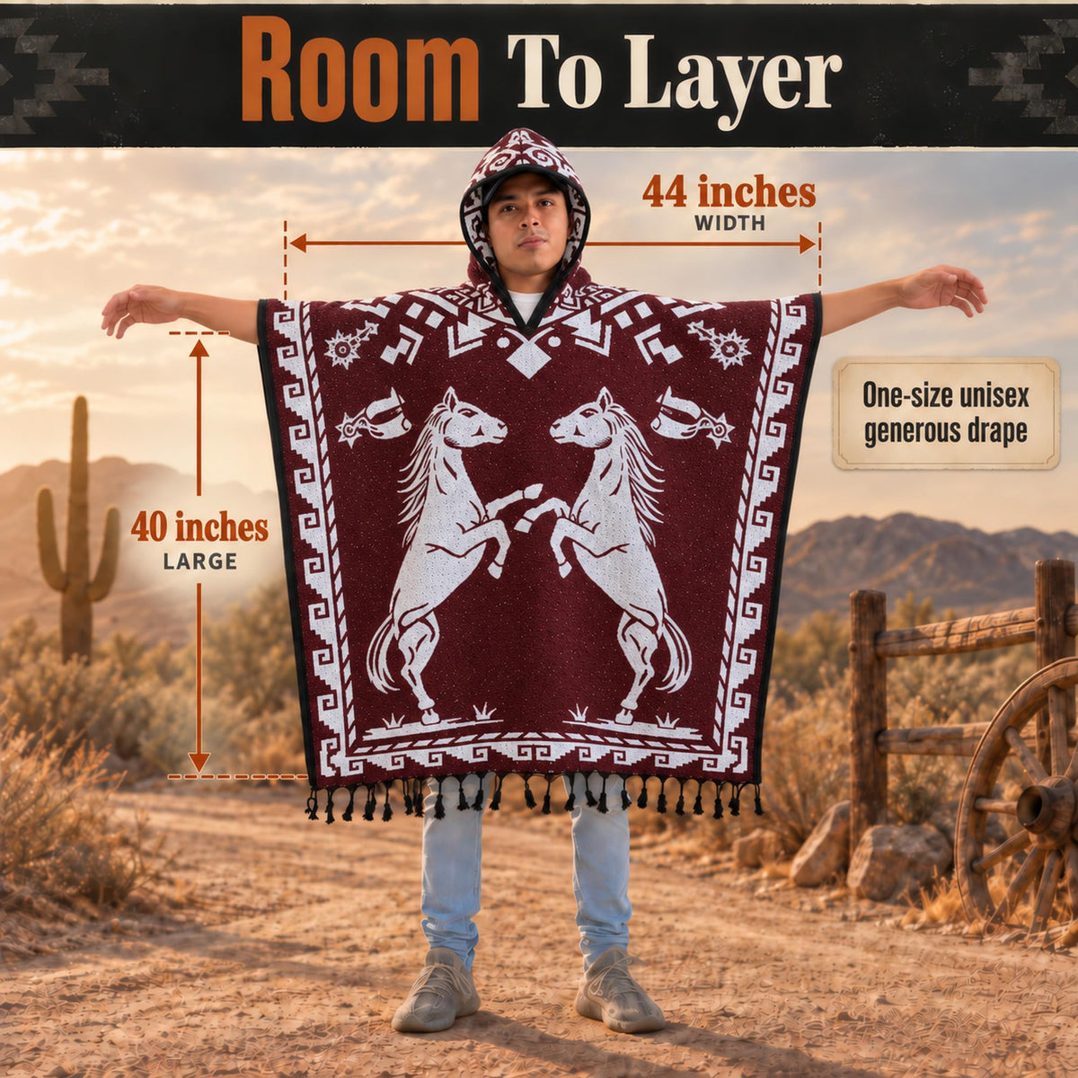 Red Horse poncho size, about 44 inches wide and 40 inches long