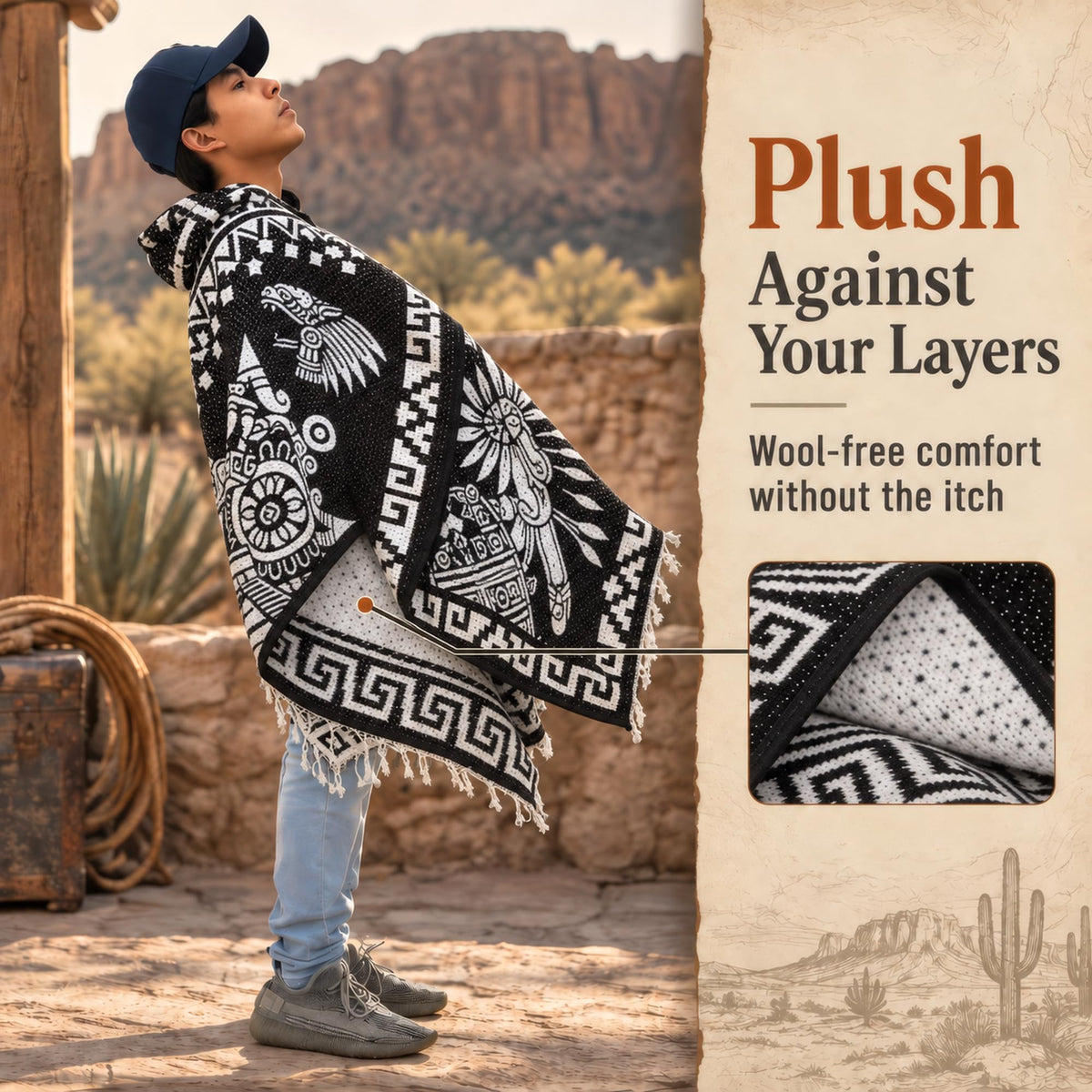 Plush wool free lining of the Aztec poncho