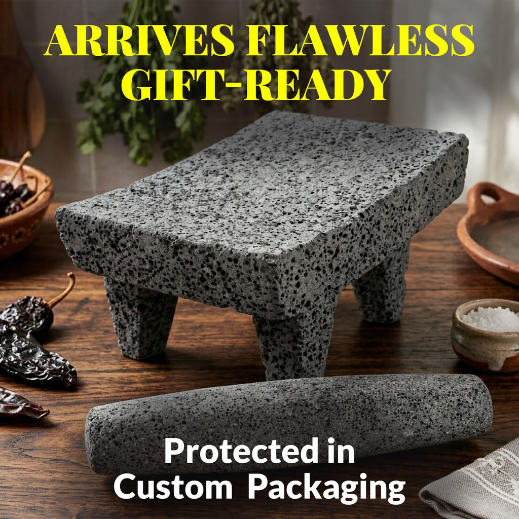 Metate and mano in their gift ready packaging