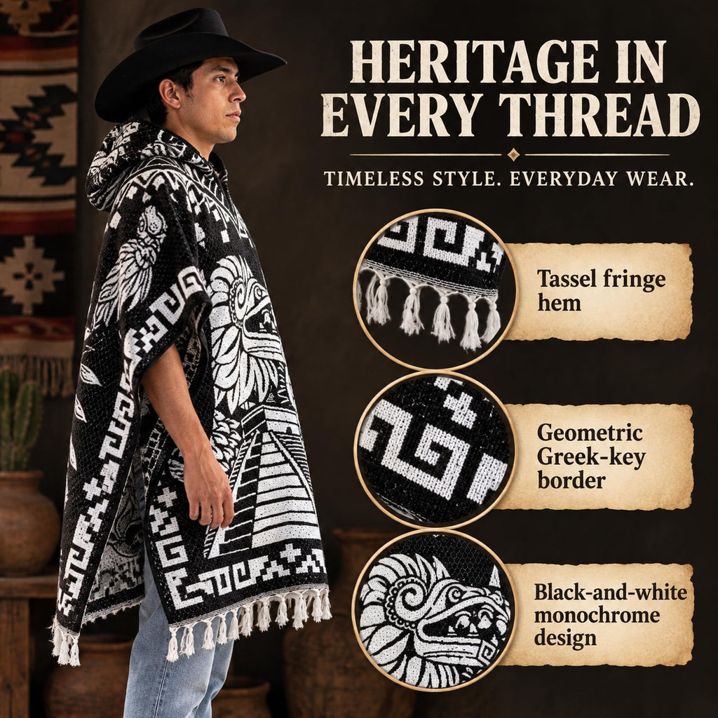 Aztec poncho details: tassel fringe and Greek key border