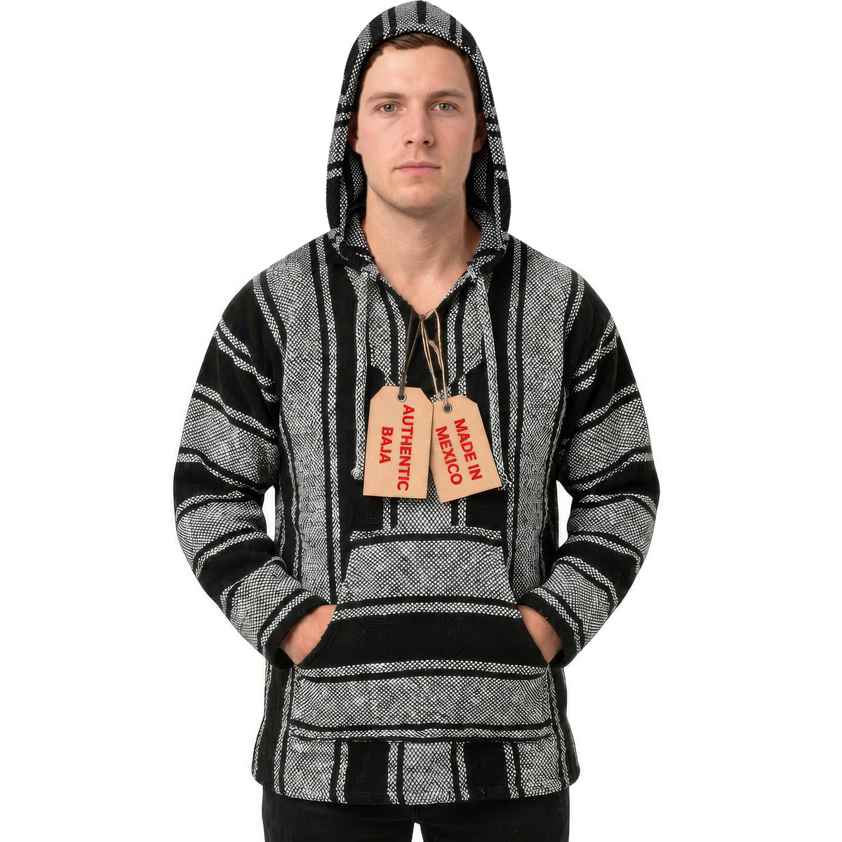 Man wearing the black Mexican Baja hoodie with the hood up