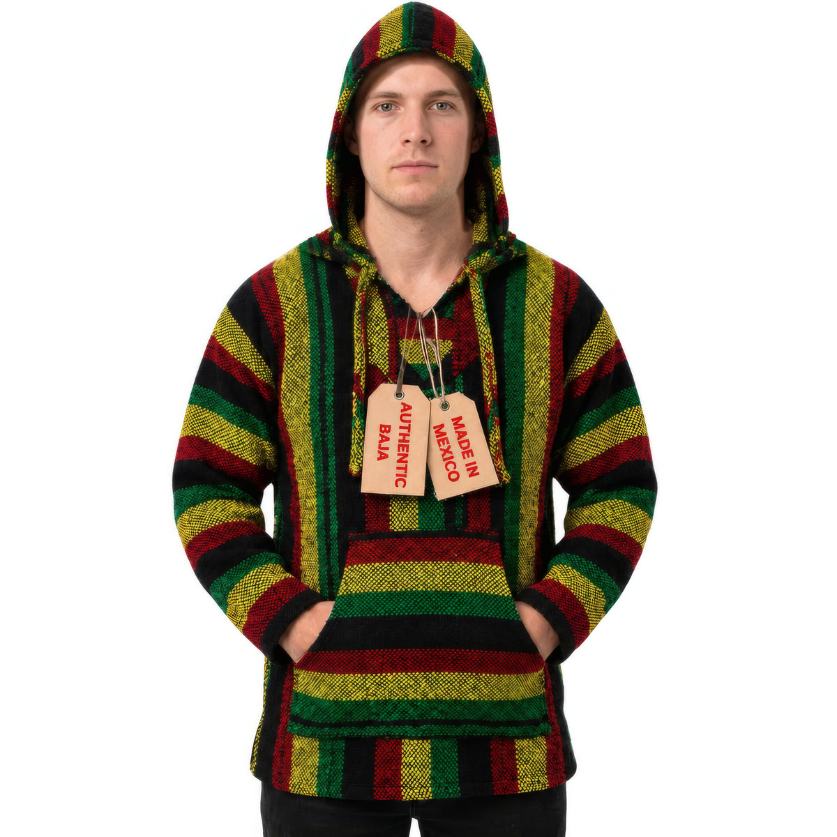 Man wearing the Rastafari Mexican Baja hoodie with the hood up