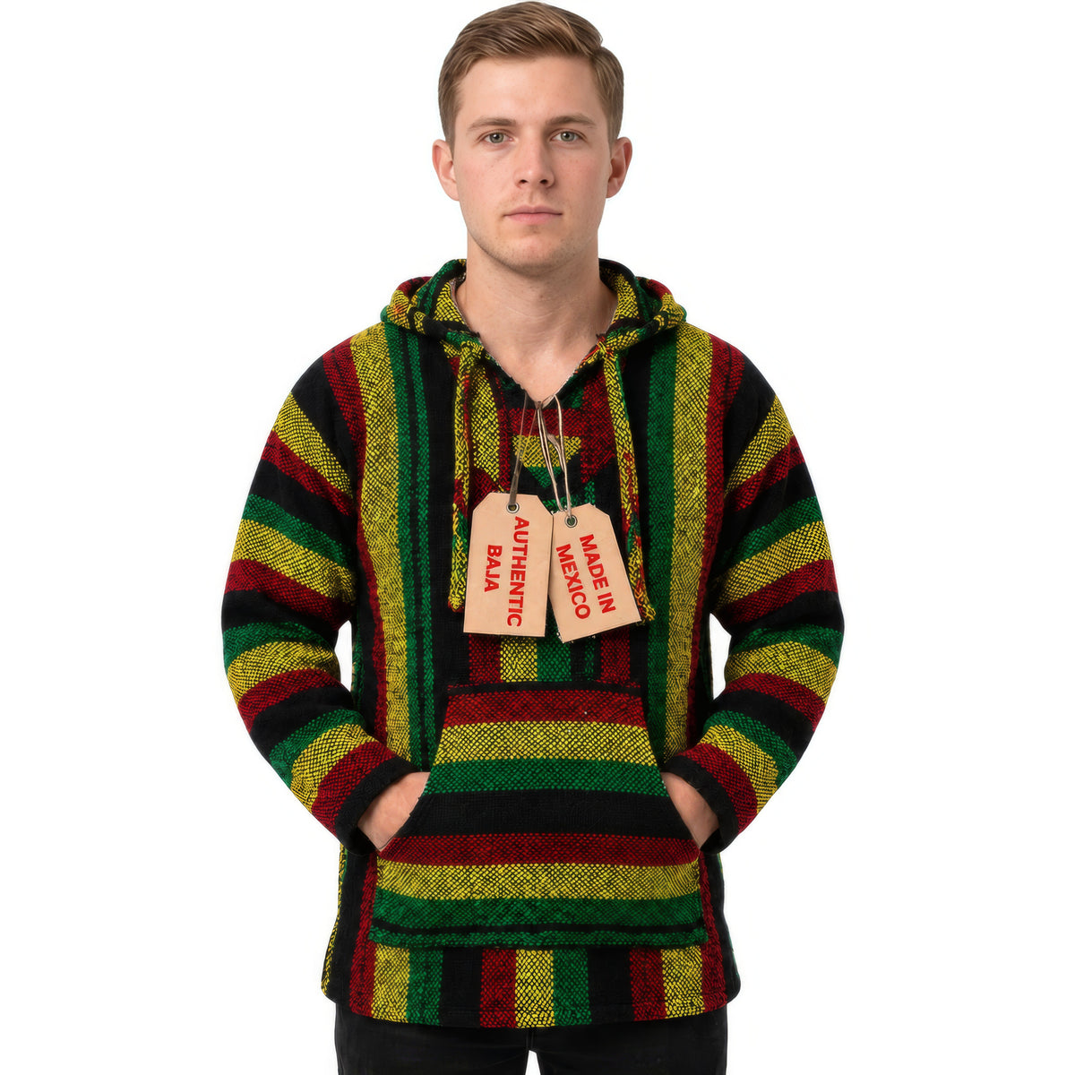 Rastafari striped Mexican Baja hoodie, front view