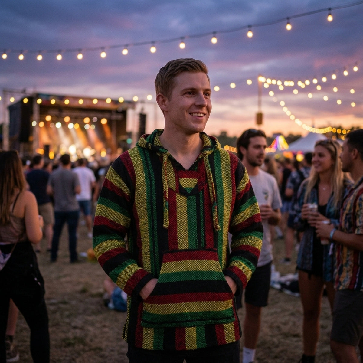 Rastafari Mexican Baja hoodie at an outdoor festival at dusk