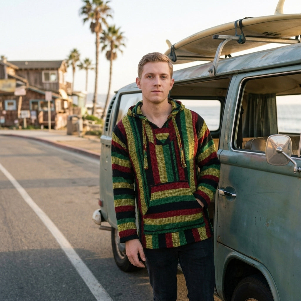 Rastafari Mexican Baja hoodie on a beach road with a vintage van
