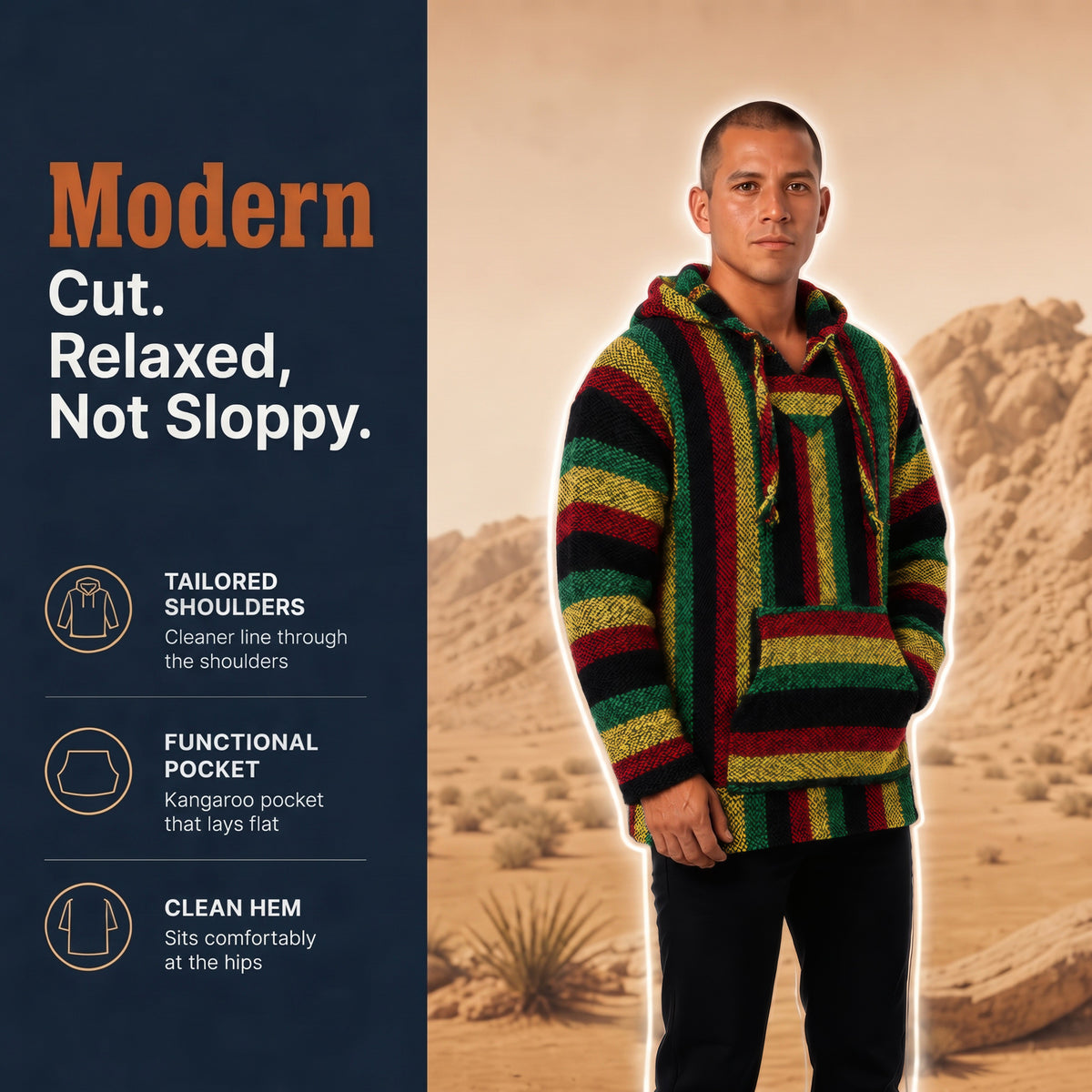 Rastafari Baja hoodie: modern cut, relaxed, not sloppy