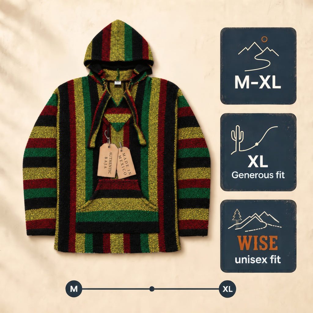 Rastafari Baja hoodie size guide, M and XL unisex fit