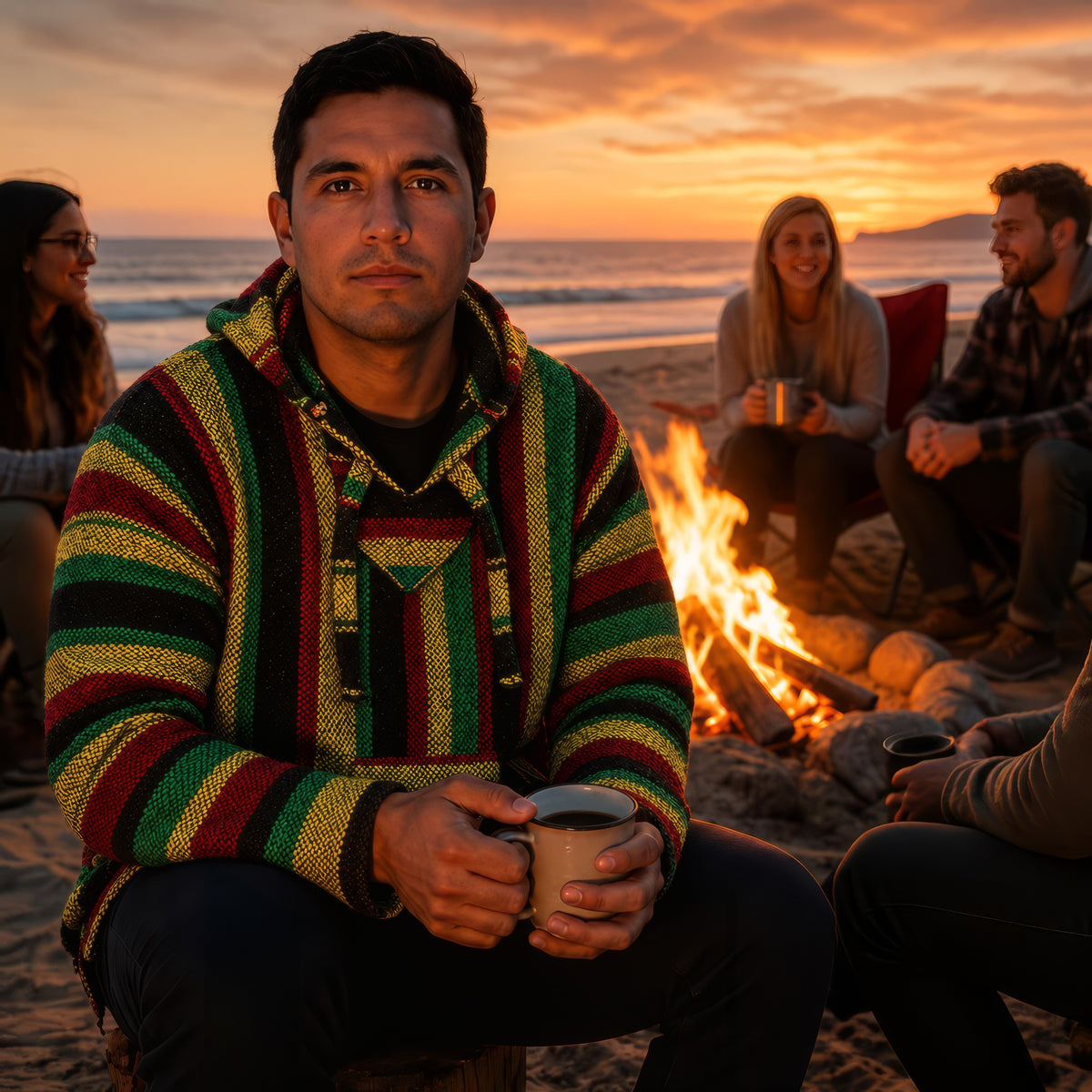 Man in the Rastafari Baja hoodie by a beach campfire