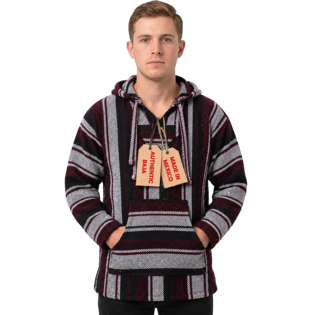 Red and grey striped Mexican Baja hoodie, front view