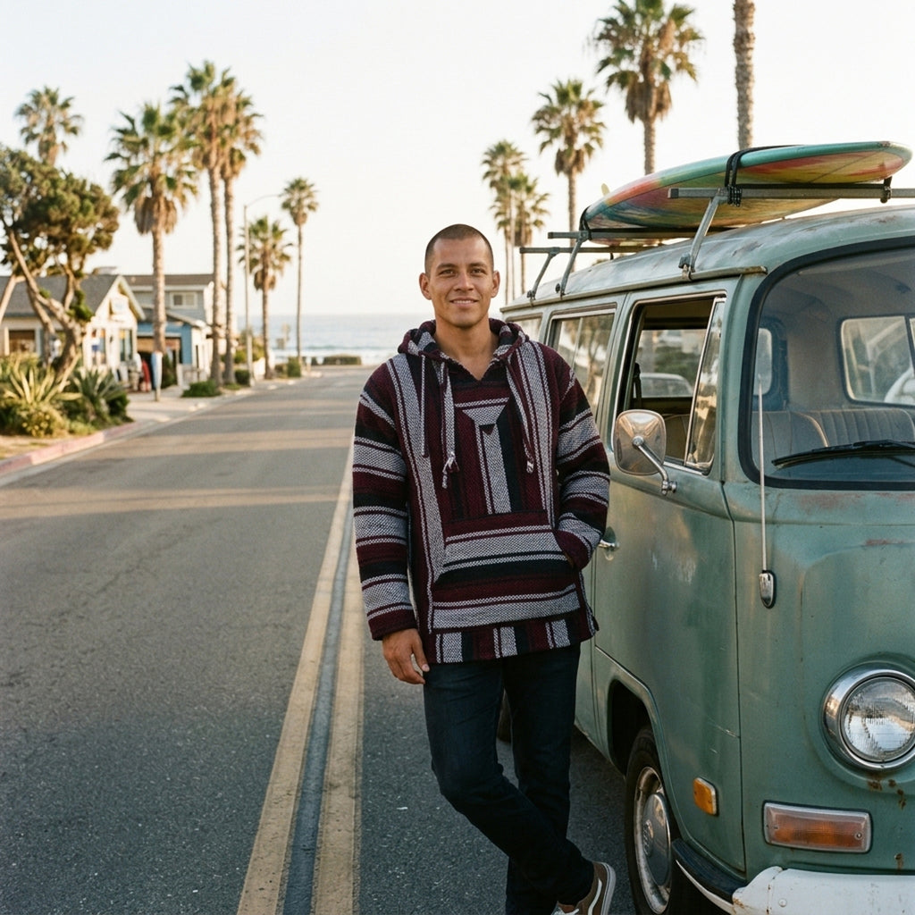 Red and grey Mexican Baja hoodie on a coastal road with a vintage van