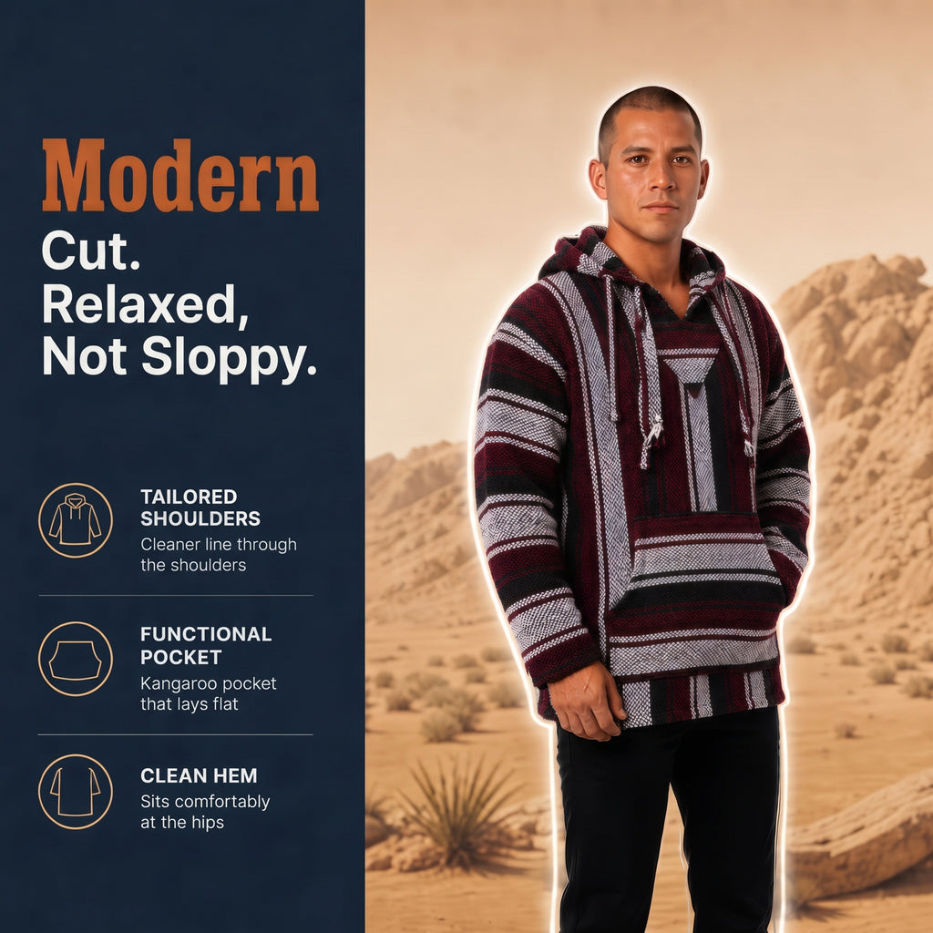 Red and grey Baja hoodie: modern cut, relaxed, not sloppy