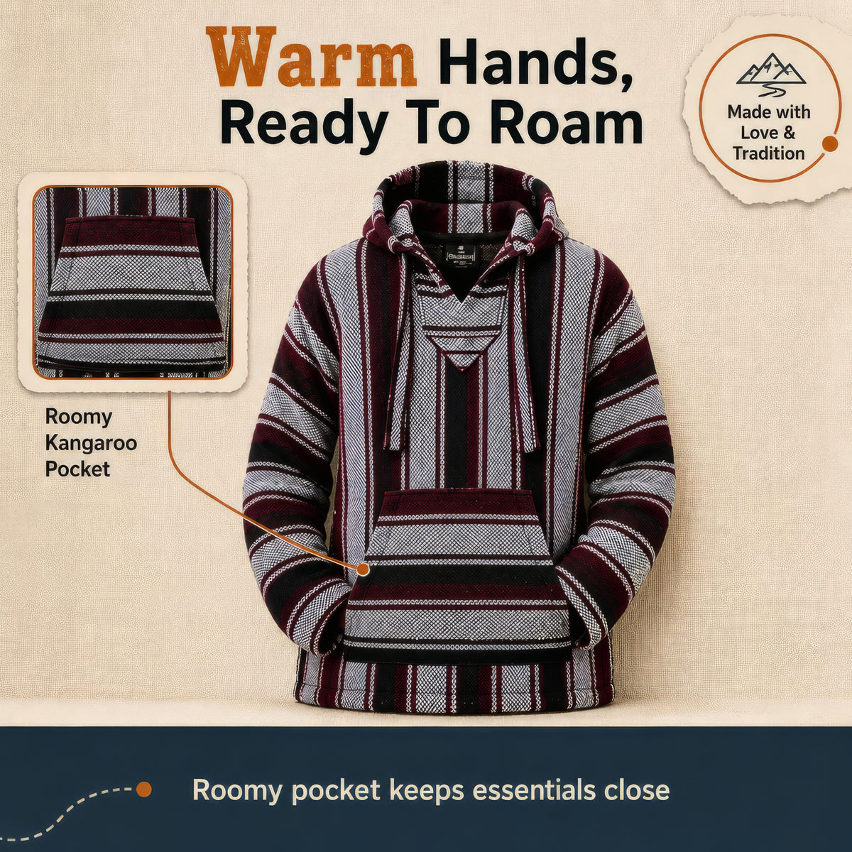 Red and grey Baja hoodie with roomy kangaroo pocket