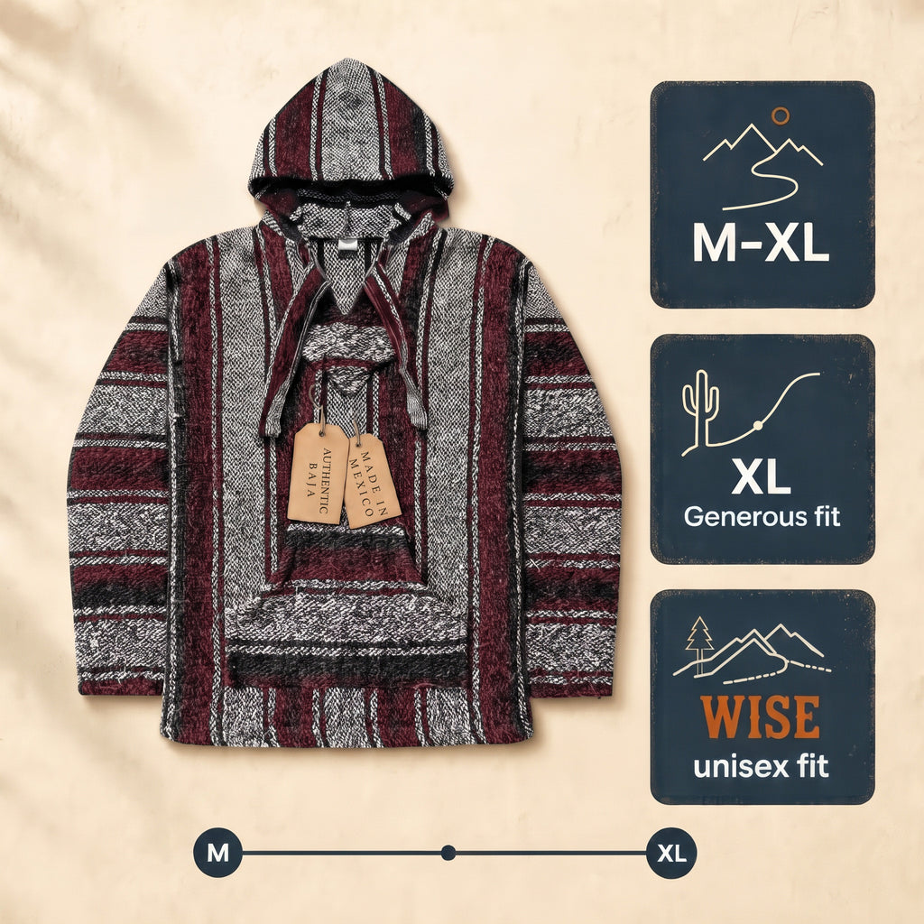 Red and grey Baja hoodie size guide, M and XL unisex fit