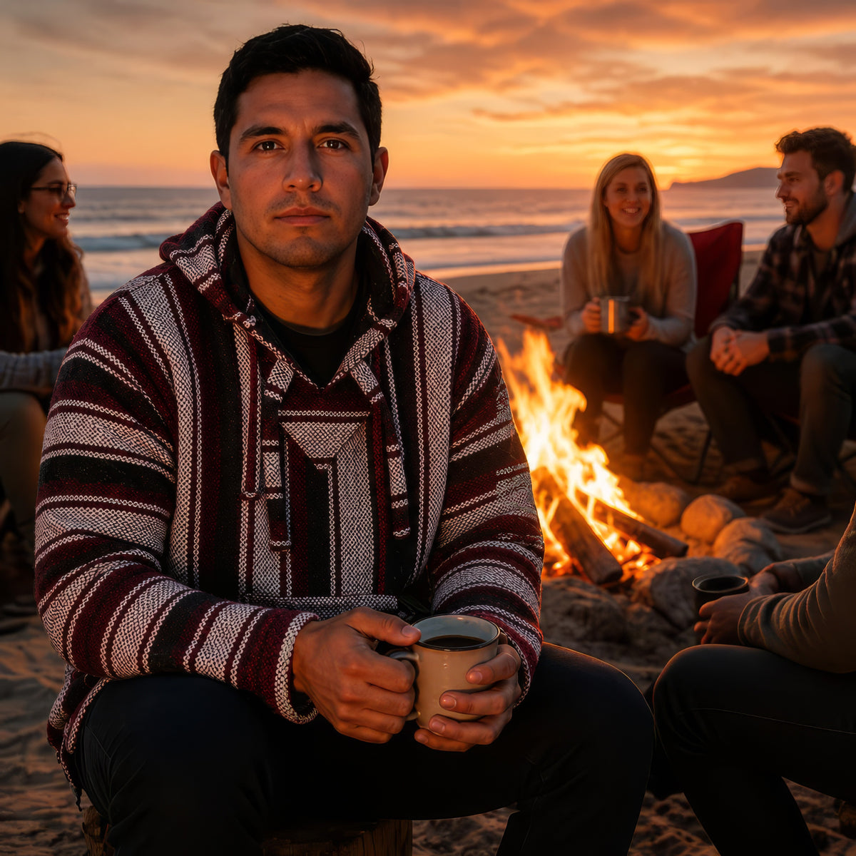 Man in the red and grey Baja hoodie by a beach campfire
