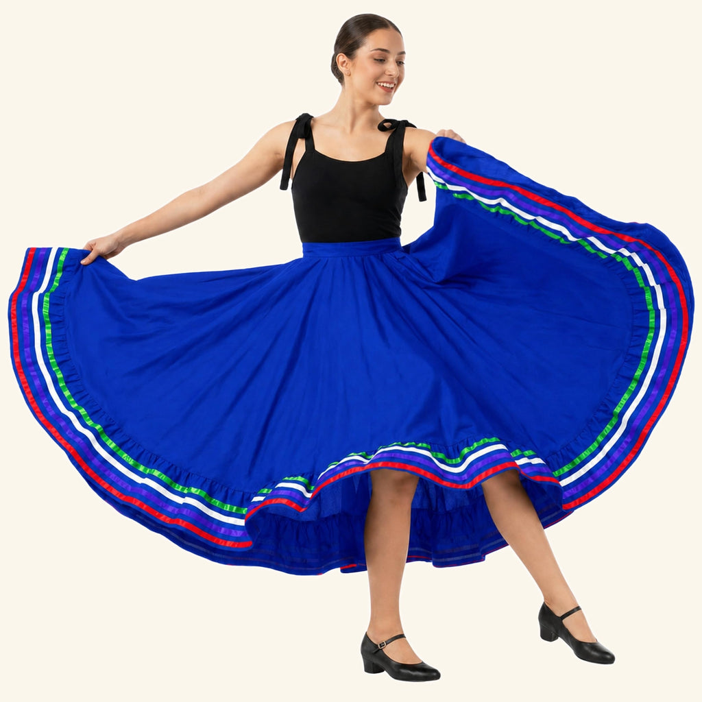 Dancer wearing the blue Mexican folklorico skirt with ribbon trim