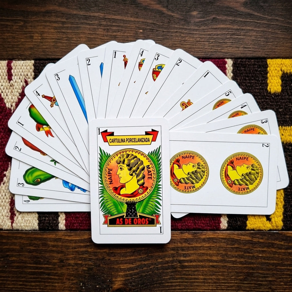 Blue Spanish playing cards fanned out on a Mexican sarape