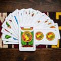 Blue Spanish playing cards fanned out on a Mexican sarape