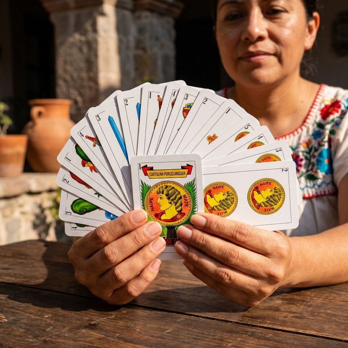 Woman holding a fan of Spanish playing cards with the As de Oros in front