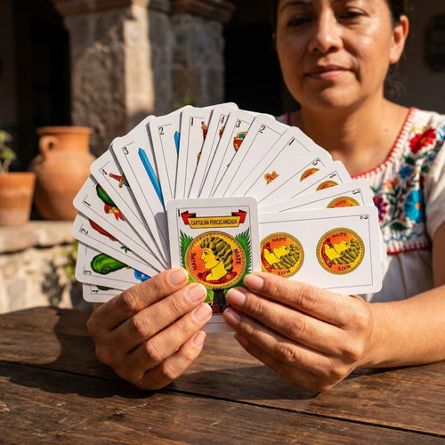 Woman holding a fan of Spanish playing cards with the As de Oros in front